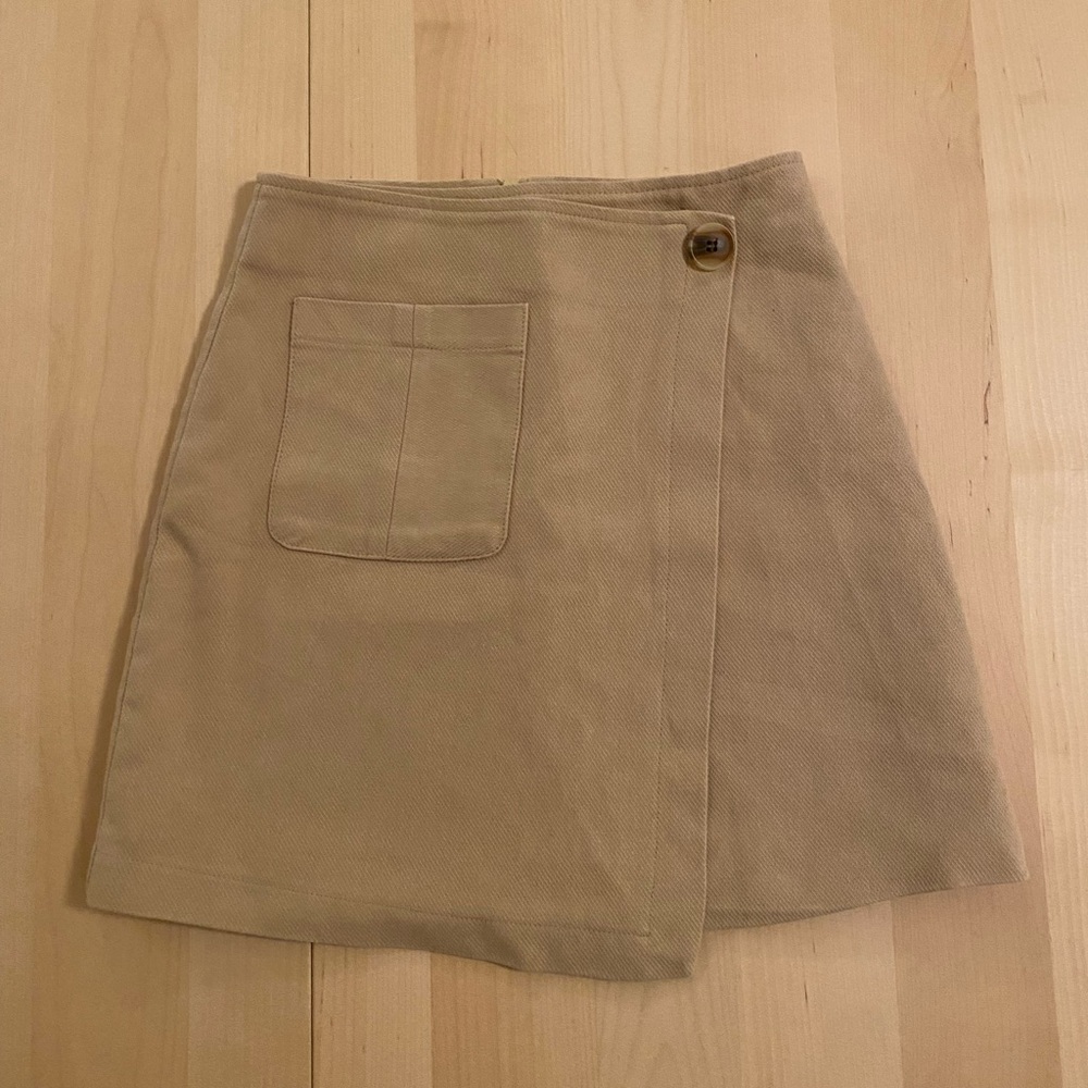 Oak + Fort tan cotton wrap mini skirt